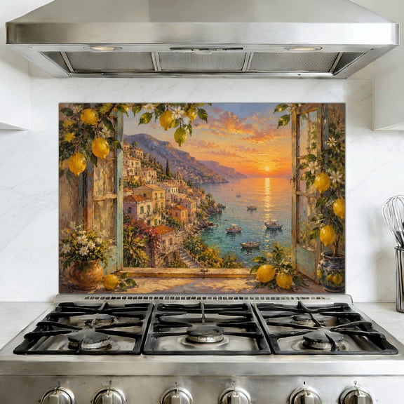 Kitchen Backsplash Peel and Stick Wall Mural Mediterranean Seaside Town View Lemon Tree Sunset Removable Mural 35.4"W x 23.6"H, Oil Proof Vinyl Wallpaper for Fireplace & Behind Stove