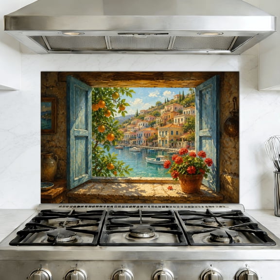 Kitchen Backsplash Peel and Stick Wall Mural Mediterranean Seaside View Rustic Window Blooming Flowers Citrus Tree Removable Mural 35.4"W x 23.6"H, Oil Proof Wallpaper for Fireplace & Behind Stove