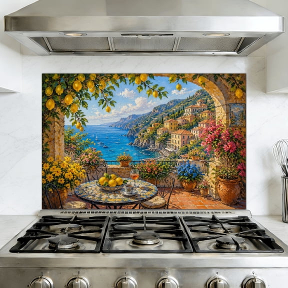 Kitchen Backsplash Peel and Stick Wall Mural Mediterranean Terrace Lemon Trees Sea View Removable Mural 35.4"W x 23.6"H, Oil Proof Vinyl Wallpaper for Fireplace & Behind Stove