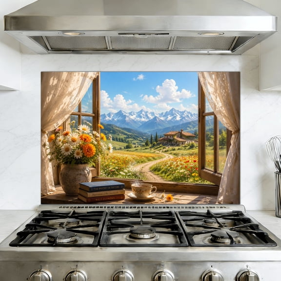 Kitchen Backsplash Peel and Stick Wall Mural Mountain Valley View Rustic Window Colorful Wildflowers Countryside Removable Mural 35.4"W x 23.6"H, Oil Proof Wallpaper for Fireplace & Behind Stove