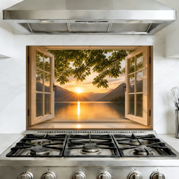 Kitchen Backsplash Peel and Stick Wall Mural Open Window View Serene Lake Sunset Mountain Landscape Removable Mural 35.4"W x 23.6"H, Oil Proof Vinyl Wallpaper for Fireplace & Behind Stove