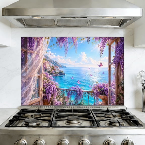 Kitchen Backsplash Peel and Stick Wall Mural Romantic Seaside Balcony Lavender Flowers Butterflies Overlooking Removable Mural 35.4"W x 23.6"H, Oil Proof Wallpaper for Fireplace & Behind Stove