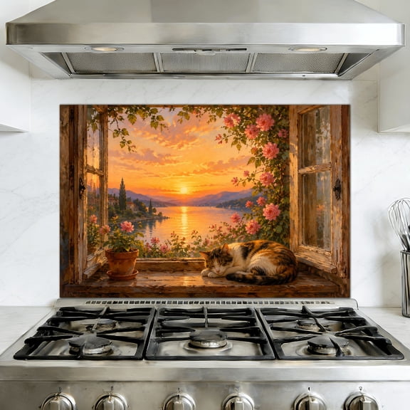 Kitchen Backsplash Peel and Stick Wall Mural Rustic Window View Sleeping Cat Sunset Blooming Roses Removable Mural 35.4"W x 23.6"H, Oil Proof Vinyl Wallpaper for Fireplace & Behind Stove