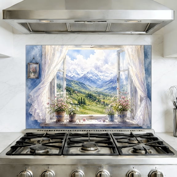 Kitchen Backsplash Peel and Stick Wall Mural Scenic Mountain View Open Window Curtains Flower Pots Removable Mural 35.4"W x 23.6"H, Oil Proof Vinyl Wallpaper for Fireplace & Behind Stove