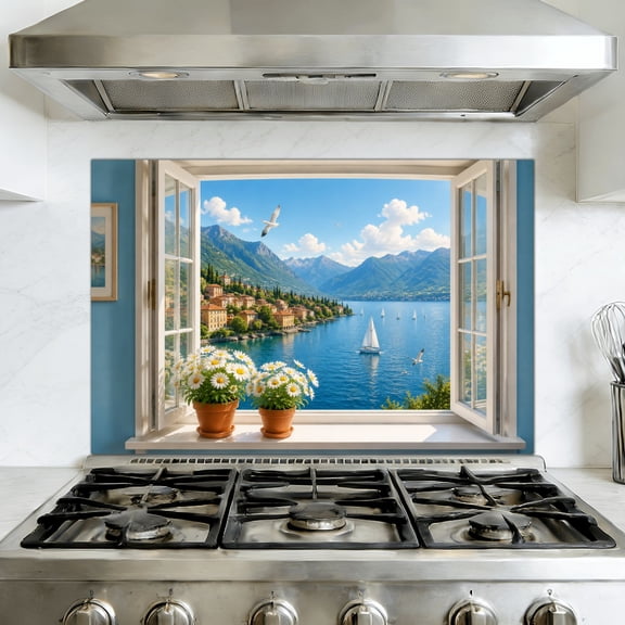 Kitchen Backsplash Peel and Stick Wall Mural Scenic View Lake Como Open Window Sailing Boats Mountains Removable Mural 35.4"W x 23.6"H, Oil Proof Vinyl Wallpaper for Fireplace & Behind Stove