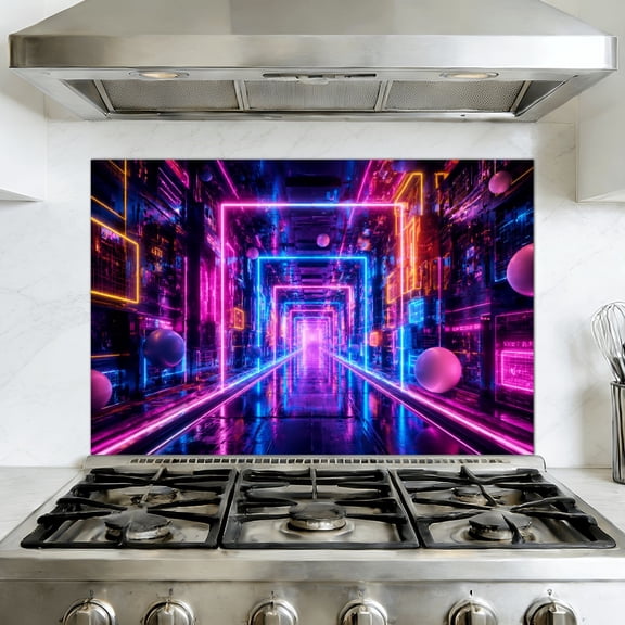 Kitchen Backsplash Peel and Stick Wall Murals 80s Neon Retro Synthwave 3D Labyrinth Removable Mural 35.4"W x 23.6"H, Oil Proof Vinyl Wallpaper for Fireplace & Behind Stove