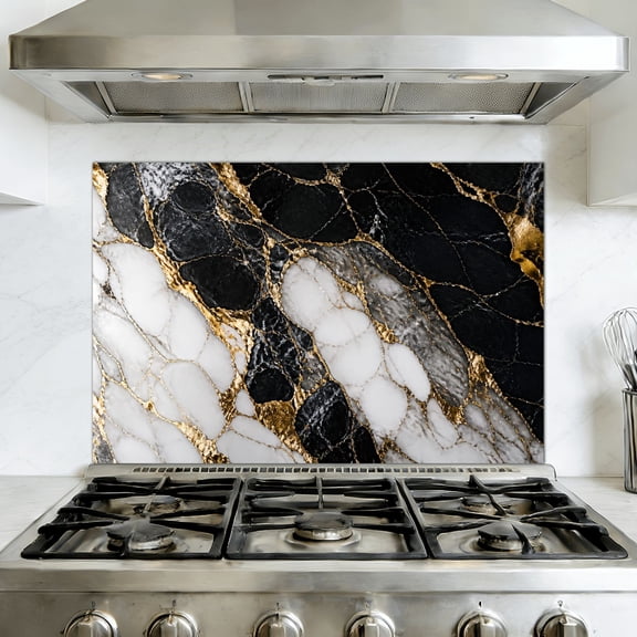 Kitchen Backsplash Peel and Stick Wall Murals Abstract Marbling Black White Marble Golden Veins 35.4"W x 23.6"H, Oil Proof Removable Vinyl Wallpaper for Fireplace & Behind Stove