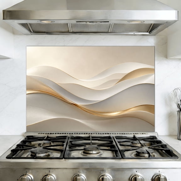 Kitchen Backsplash Peel and Stick Wall Murals Abstract White Gold Wave Lines Flowing Patterns Outlined Curves 35.4"W x 23.6"H, Oil Proof Removable Vinyl Wallpaper for Fireplace & Behind Stove