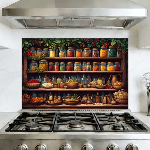 Kitchen Backsplash Peel and Stick Wall Murals Abundant Pantry Shelves Colorful Spices Grains Rustic Removable Mural 35.4"W x 23.6"H, Oil Proof Vinyl Wallpaper for Fireplace & Behind Stove
