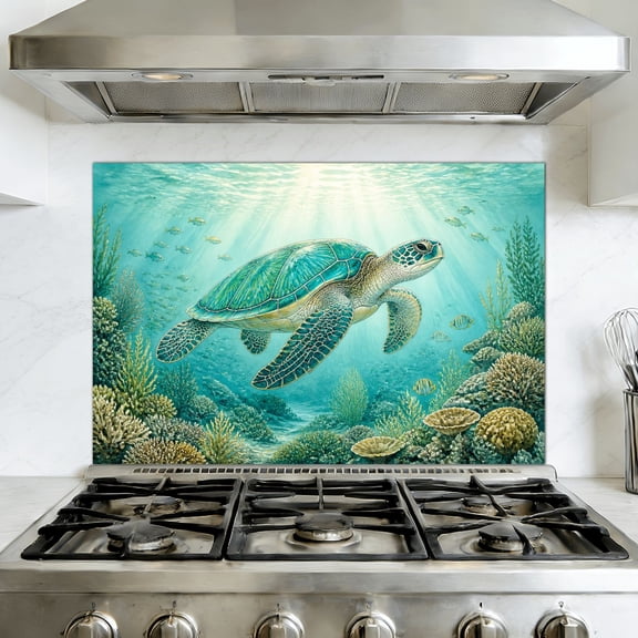 Kitchen Backsplash Peel and Stick Wall Murals Ambient Sea Turtle Artwork Sunlit Ocean Floor Removable Mural 35.4"W x 23.6"H, Oil Proof Vinyl Wallpaper for Fireplace & Behind Stove