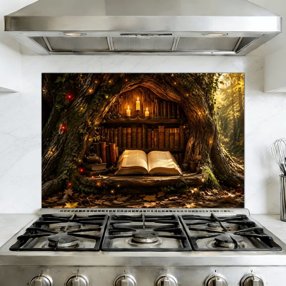 Kitchen Backsplash Peel and Stick Wall Murals Ancient Tree Library Poster Autumn Colors Lantern Removable Mural 35.4"W x 23.6"H, Oil Proof Vinyl Wallpaper for Fireplace & Behind Stove