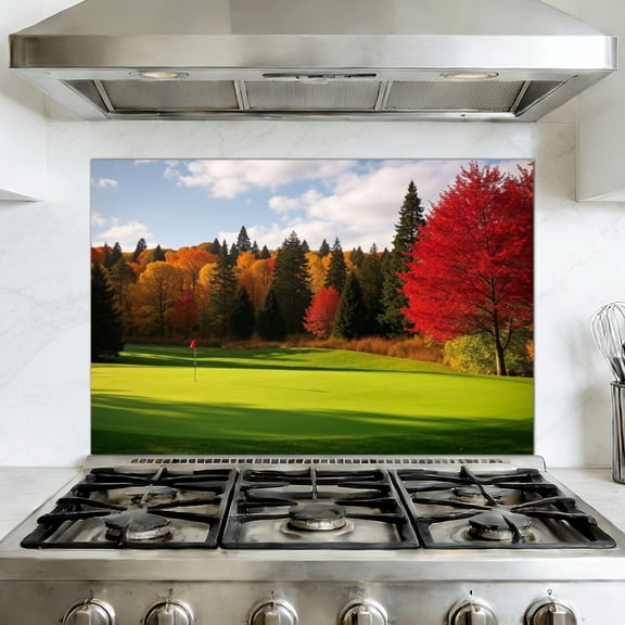 Kitchen Backsplash Peel and Stick Wall Murals Autumn Forest Golf Course Vibrant Red Orange Trees Landscape Removable Mural 35.4"W x 23.6"H, Oil Proof Vinyl Wallpaper for Fireplace & Behind Stove