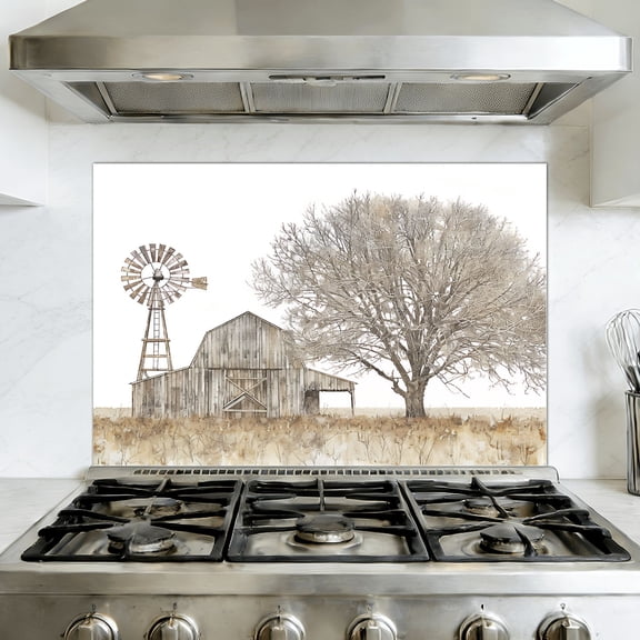 Kitchen Backsplash Peel and Stick Wall Murals Barn Windmill Framed Artwork Wood Farm Metal Windmill Dry Removable Mural 35.4"W x 23.6"H, Oil Proof Vinyl Wallpaper for Fireplace & Behind Stove