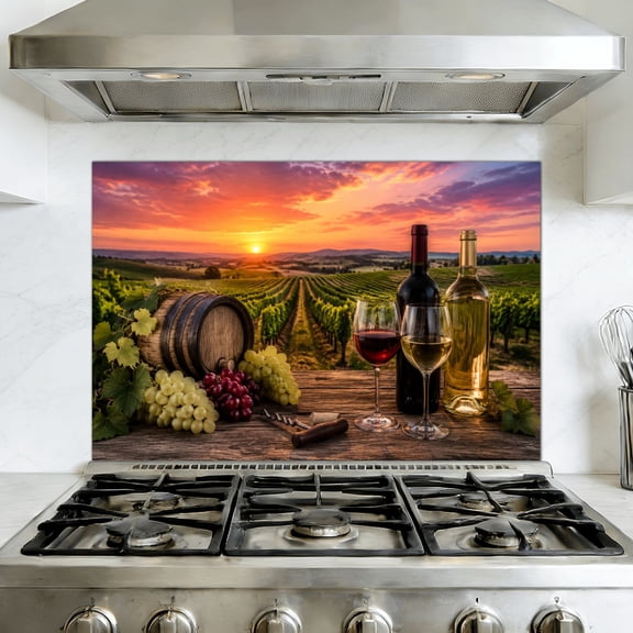 Kitchen Backsplash Peel and Stick Wall Murals Barrel Wineglasses Bottle Vineyard Sunset Removable Mural 35.4"W x 23.6"H, Oil Proof Vinyl Wallpaper for Fireplace & Behind Stove