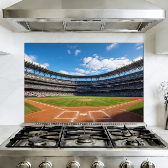 Kitchen Backsplash Peel and Stick Wall Murals Baseball Field Stadium Sport Games Seating Scoreboard Bright Sky 35.4"W x 23.6"H, Oil Proof Removable Vinyl Wallpaper for Fireplace & Behind Stove