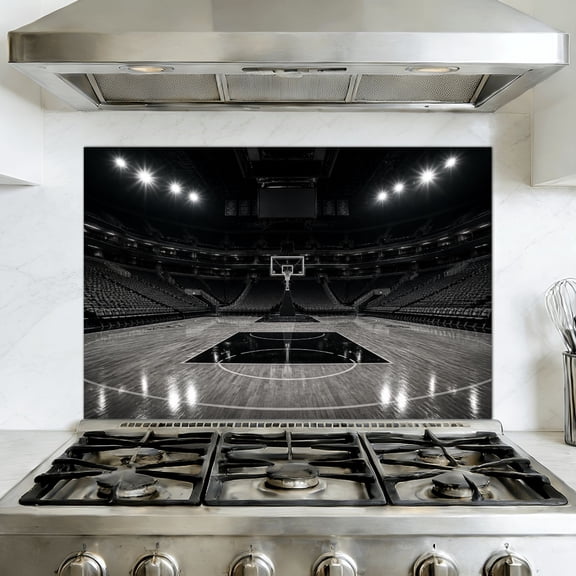Kitchen Backsplash Peel and Stick Wall Murals Basketball Court Black White Empty Spotlights Wooden Floor High Removable Mural 35.4"W x 23.6"H, Vinyl Wallpaper for Fireplace & Behind Stove