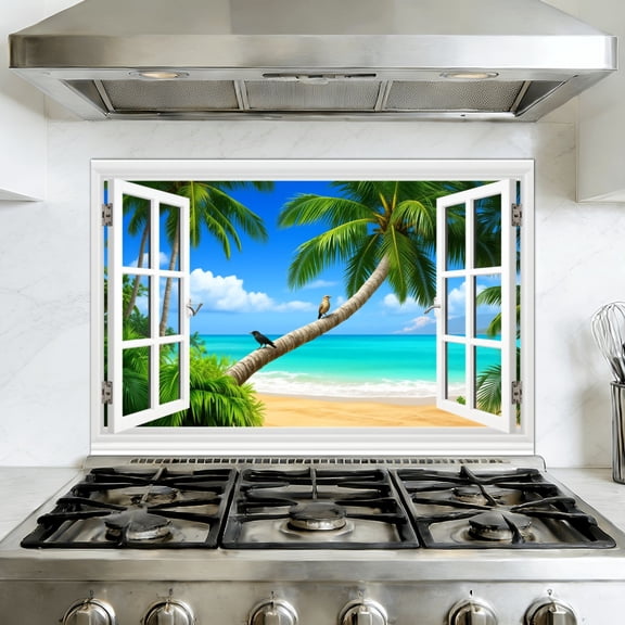 Kitchen Backsplash Peel and Stick Wall Murals Beach Fake Open Window Ocean Scene Nature Landscape Blue Teal Removable Mural 35.4"W x 23.6"H, Oil Proof Vinyl Wallpaper for Fireplace & Behind Stove