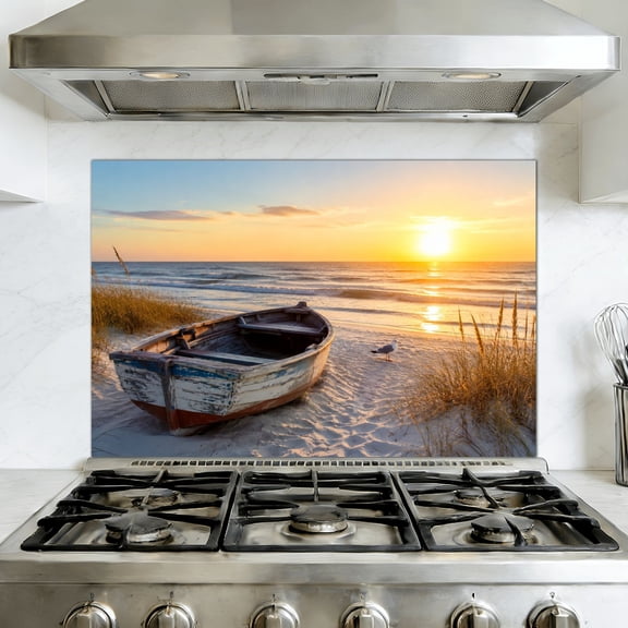 Kitchen Backsplash Peel and Stick Wall Murals Beach Nautical Boat Ocean Seagull Sea Bird Seashore Blue Wooden Grass 35.4"W x 23.6"H, Oil Proof Removable Vinyl Wallpaper for Fireplace & Behind Stove