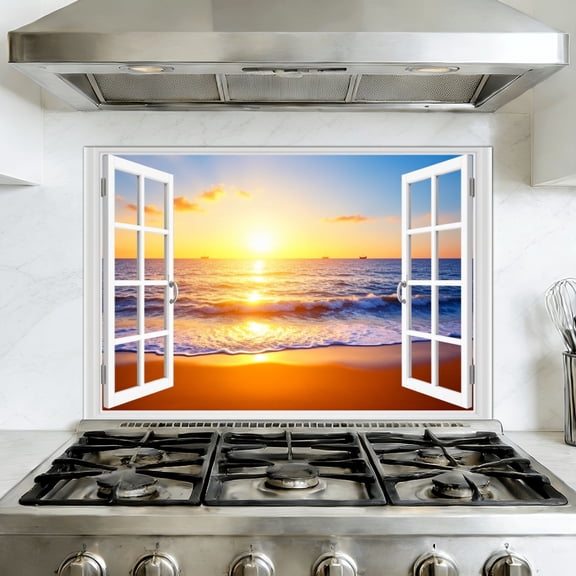 Kitchen Backsplash Peel and Stick Wall Murals Beach Sunset Fake Open Window Ocean Nature Landscape Yellow Open Removable Mural 35.4"W x 23.6"H, Oil Proof Vinyl Wallpaper for Fireplace & Behind Stove