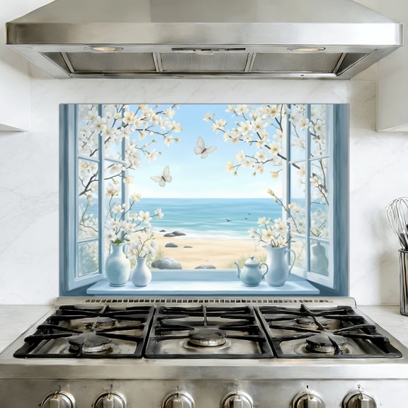 Kitchen Backsplash Peel and Stick Wall Murals Beach Window Coastal White Flowers Butterflies Nature Landscape Removable Mural 35.4"W x 23.6"H, Oil Proof Vinyl Wallpaper for Fireplace & Behind Stove