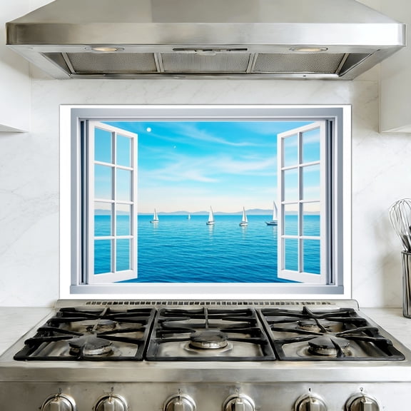 Kitchen Backsplash Peel and Stick Wall Murals Beach Window Frame Blue Ocean Boats Scene Modern Fake Window Removable Mural 35.4"W x 23.6"H, Oil Proof Vinyl Wallpaper for Fireplace & Behind Stove
