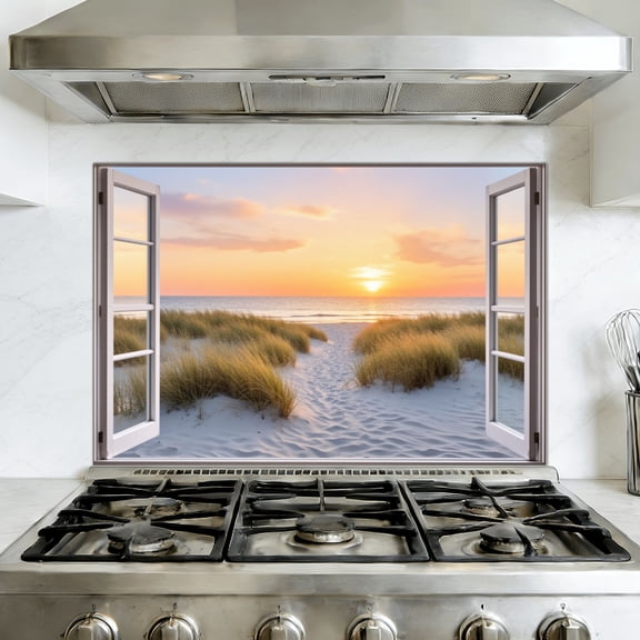 Kitchen Backsplash Peel and Stick Wall Murals Beach Window Sunset Ocean Coastal Open Window View Tropical Removable Mural 35.4"W x 23.6"H, Oil Proof Vinyl Wallpaper for Fireplace & Behind Stove