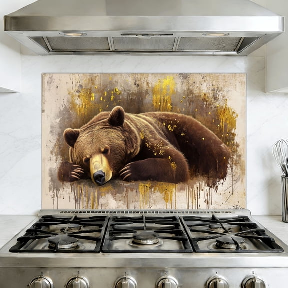 Kitchen Backsplash Peel and Stick Wall Murals Bear Brown Animal Modern Rustic Vintage Bear Lying Down Removable Mural 35.4"W x 23.6"H, Oil Proof Vinyl Wallpaper for Fireplace & Behind Stove