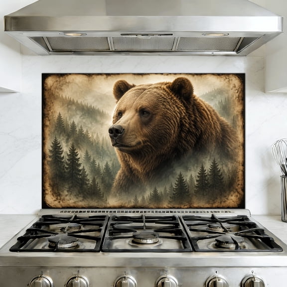 Kitchen Backsplash Peel and Stick Wall Murals Black Bear Exposure Rustic Grizzly Animal Pine Removable Mural 35.4"W x 23.6"H, Oil Proof Vinyl Wallpaper for Fireplace & Behind Stove
