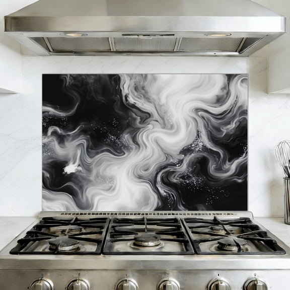 Kitchen Backsplash Peel and Stick Wall Murals Black White Abstract Marble Swirl Ink Fluid Art Texture Removable Mural 35.4"W x 23.6"H, Oil Proof Vinyl Wallpaper for Fireplace & Behind Stove
