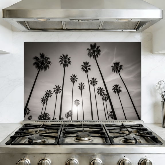Kitchen Backsplash Peel and Stick Wall Murals Black white photo palm trees Removable Mural 35.4"W x 23.6"H, Oil Proof Vinyl Wallpaper for Fireplace & Behind Stove