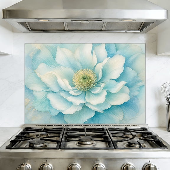 Kitchen Backsplash Peel and Stick Wall Murals Blue Abstract Teal Watercolor Spring Flower Floral Large Petals 35.4"W x 23.6"H, Oil Proof Removable Vinyl Wallpaper for Fireplace & Behind Stove
