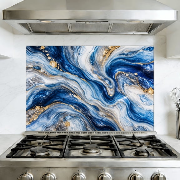 Kitchen Backsplash Peel and Stick Wall Murals Blue Gold Marble Elegant Swirling Abstract art fluid luxurious Removable Mural 35.4"W x 23.6"H, Oil Proof Vinyl Wallpaper for Fireplace & Behind Stove