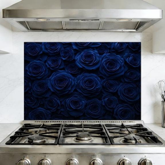 Kitchen Backsplash Peel and Stick Wall Murals Blue Roses Floral Deep Tones Intricate Petals romantic Removable Mural 35.4"W x 23.6"H, Oil Proof Vinyl Wallpaper for Fireplace & Behind Stove