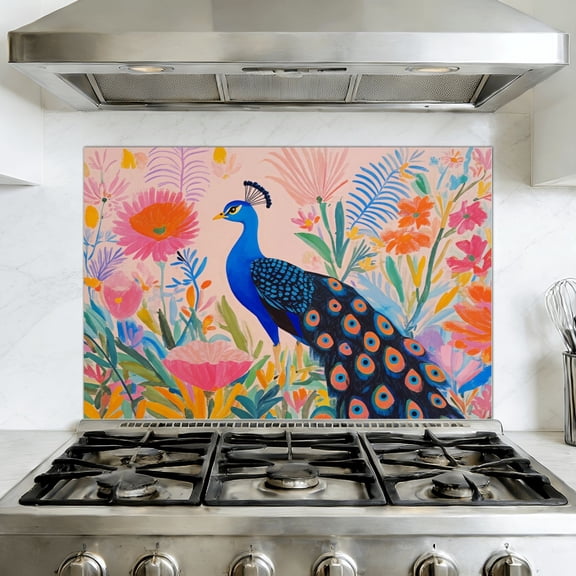 Kitchen Backsplash Peel and Stick Wall Murals Bright Colorful Boho Botanicals Gold Modern Removable Mural 35.4"W x 23.6"H, Oil Proof Vinyl Wallpaper for Fireplace & Behind Stove