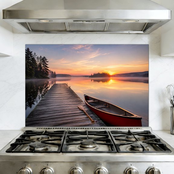 Kitchen Backsplash Peel and Stick Wall Murals Canoe by Dock Muskoka Canada Removable Mural 35.4"W x 23.6"H, Oil Proof Vinyl Wallpaper for Fireplace & Behind Stove