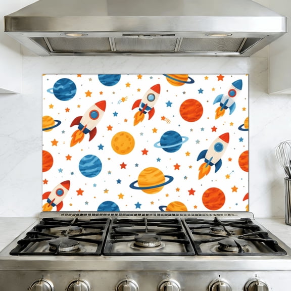 Kitchen Backsplash Peel and Stick Wall Murals Cartoon Planets Rockets Stars UFOs Space Whimsical Bold Removable Mural 35.4"W x 23.6"H, Oil Proof Vinyl Wallpaper for Fireplace & Behind Stove