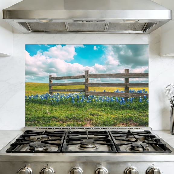 Kitchen Backsplash Peel and Stick Wall Murals Clouds Texas Bluebonnets Landscape Pictures Royalty Blue Removable Mural 35.4"W x 23.6"H, Oil Proof Vinyl Wallpaper for Fireplace & Behind Stove