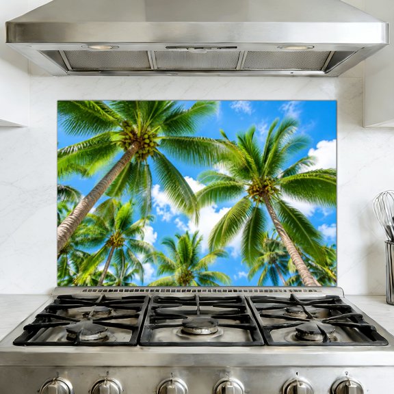 Kitchen Backsplash Peel and Stick Wall Murals Coconut Palm Trees Tropical Foliage Under Blue Sky Removable Mural 35.4"W x 23.6"H, Oil Proof Vinyl Wallpaper for Fireplace & Behind Stove