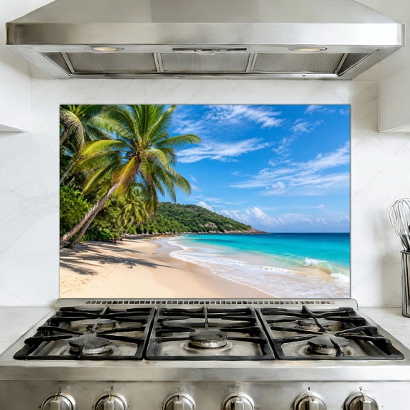 Kitchen Backsplash Peel and Stick Wall Murals Coconut palms sunny beach turquoise sea Removable Mural 35.4"W x 23.6"H, Oil Proof Vinyl Wallpaper for Fireplace & Behind Stove