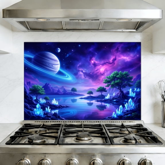 Kitchen Backsplash Peel and Stick Wall Murals Cosmic Planet Landscape Rings Crystal Lake Fantasy Trees Neon Removable Mural 35.4"W x 23.6"H, Oil Proof Vinyl Wallpaper for Fireplace & Behind Stove