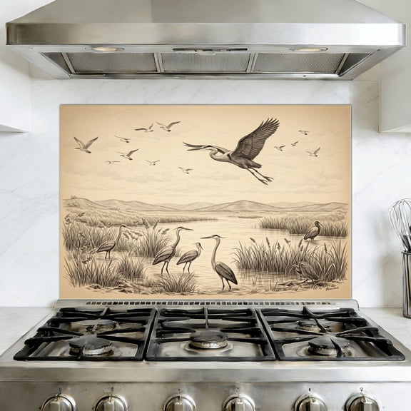 Kitchen Backsplash Peel and Stick Wall Murals Cranes Serene Lake Reeds Mountains Vintage Removable Mural 35.4"W x 23.6"H, Oil Proof Vinyl Wallpaper for Fireplace & Behind Stove