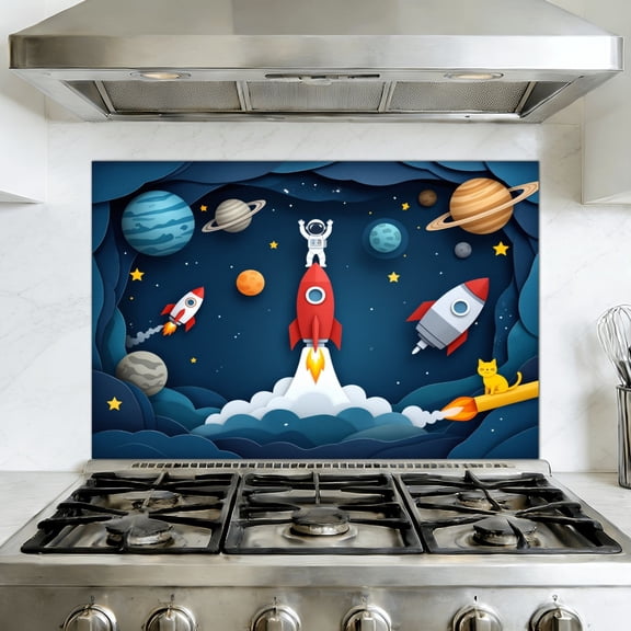 Kitchen Backsplash Peel and Stick Wall Murals Cute Space Astronaut Rockets Planets Stars Galaxy Celestial Removable Mural 35.4"W x 23.6"H, Oil Proof Vinyl Wallpaper for Fireplace & Behind Stove