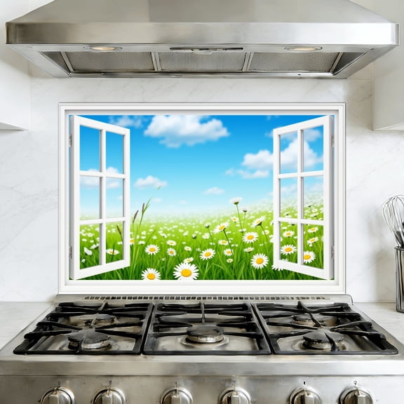 Kitchen Backsplash Peel and Stick Wall Murals Daisy Meadow Scene Faux Window White Daisies Green Grass Blue Sky Removable Mural 35.4"W x 23.6"H, Oil Proof Vinyl Wallpaper for Fireplace & Behind Stove