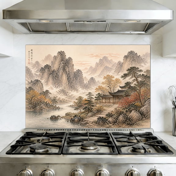 Kitchen Backsplash Peel and Stick Wall Murals Decorative Recording Studio Rivers Lakes Traditional Pavilions 35.4"W x 23.6"H, Oil Proof Removable Vinyl Wallpaper for Fireplace & Behind Stove