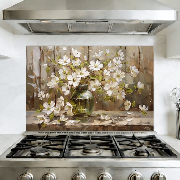 Kitchen Backsplash Peel and Stick Wall Murals Dogwood Farmhouse Floral Bouquet White Flower Vase Vintage Removable Mural 35.4"W x 23.6"H, Oil Proof Vinyl Wallpaper for Fireplace & Behind Stove