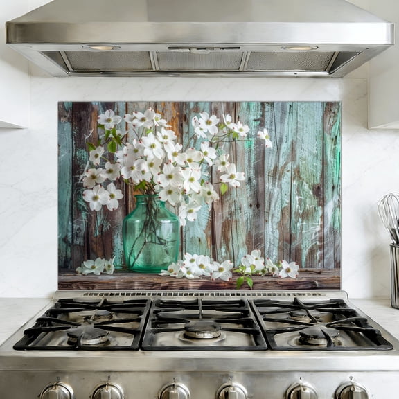 Kitchen Backsplash Peel and Stick Wall Murals Dogwood Farmhouse Floral Bouquet White Flower Vase Vintage Removable Mural 35.4"W x 23.6"H, Oil Proof Vinyl Wallpaper for Fireplace & Behind Stove