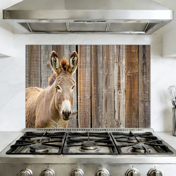 Kitchen Backsplash Peel and Stick Wall Murals Donkey Farmhouse Animal Wood Boards Funny Soft Fur Texture Removable Mural 35.4"W x 23.6"H, Oil Proof Vinyl Wallpaper for Fireplace & Behind Stove