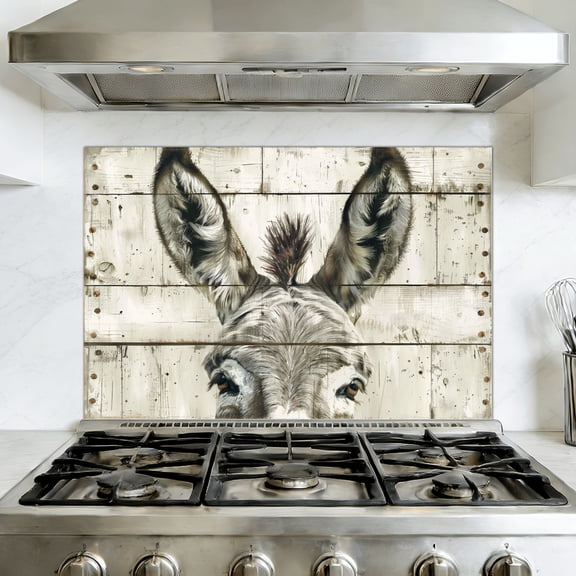 Kitchen Backsplash Peel and Stick Wall Murals Donkey Farmhouse Animal Wood Boards Funny Soft Fur Texture Removable Mural 35.4"W x 23.6"H, Oil Proof Vinyl Wallpaper for Fireplace & Behind Stove