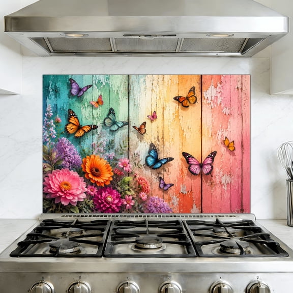 Kitchen Backsplash Peel and Stick Wall Murals Dynamic Garden Scene Butterflies Detailed Flowers Removable Mural 35.4"W x 23.6"H, Oil Proof Vinyl Wallpaper for Fireplace & Behind Stove