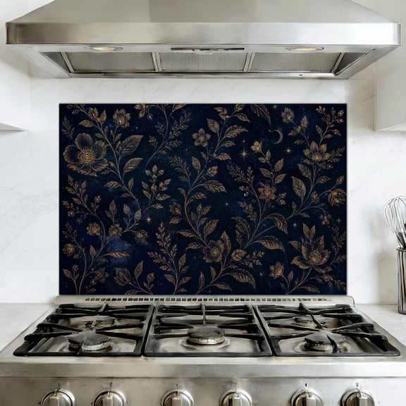 Kitchen Backsplash Peel and Stick Wall Murals Elegant Floral Dark Blue Gold Peonies Leaves Removable Mural 35.4"W x 23.6"H, Oil Proof Vinyl Wallpaper for Fireplace & Behind Stove